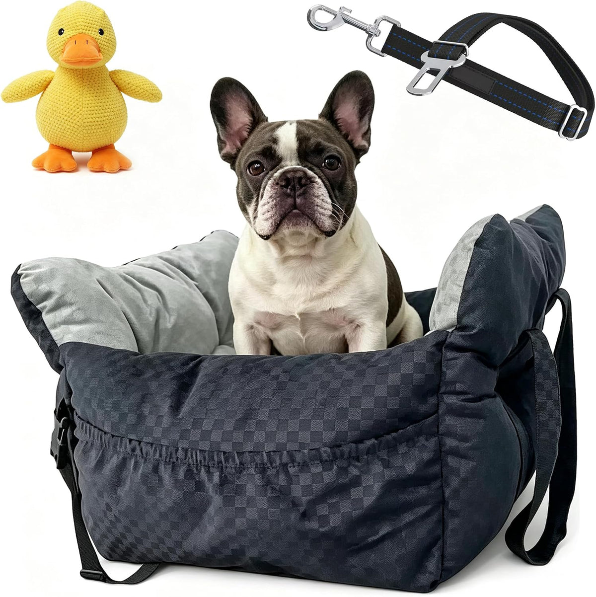 Dog Car Seat Bed for Small & Medium Dogs, with Built-in Safety Belt, Anti-Anxiety Calming Sofa Bed, Portable & All-Season Soft Pet Car Bed with Bonus Squeaky Duck Toy (Black and White Checkered)