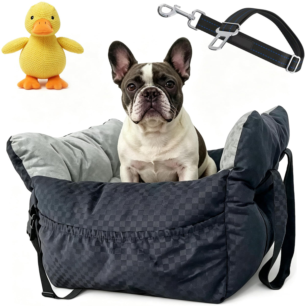 Dog Car Seat Bed for Small & Medium Dogs, with Built-in Safety Belt, Anti-Anxiety Calming Sofa Bed, Portable & All-Season Soft Pet Car Bed with Bonus Squeaky Duck Toy (Black and White Checkered)