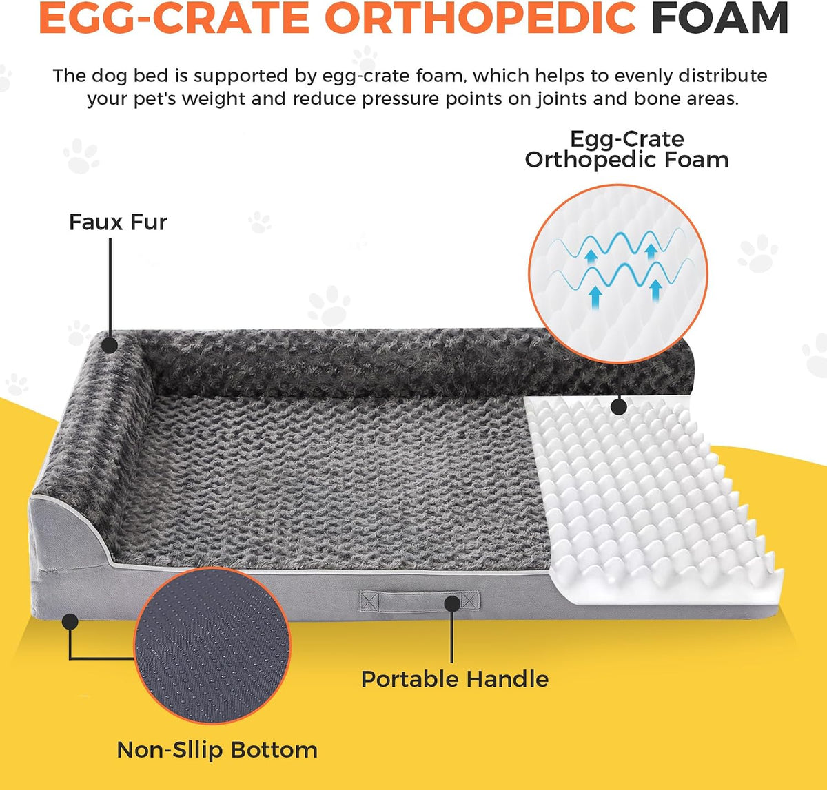 XL Orthopedic Dog Bed for Large Sized Dogs, 42"x30"x7.5", Grey