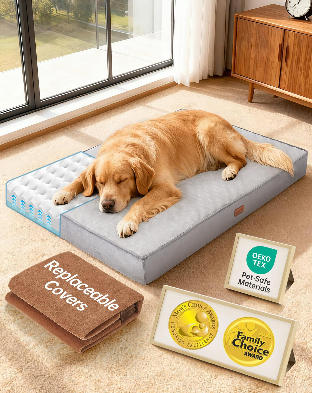 OhGeni Orthopedic Large Dog Bed, Reversible Memory Foam, 41 inch-XL(Gray)