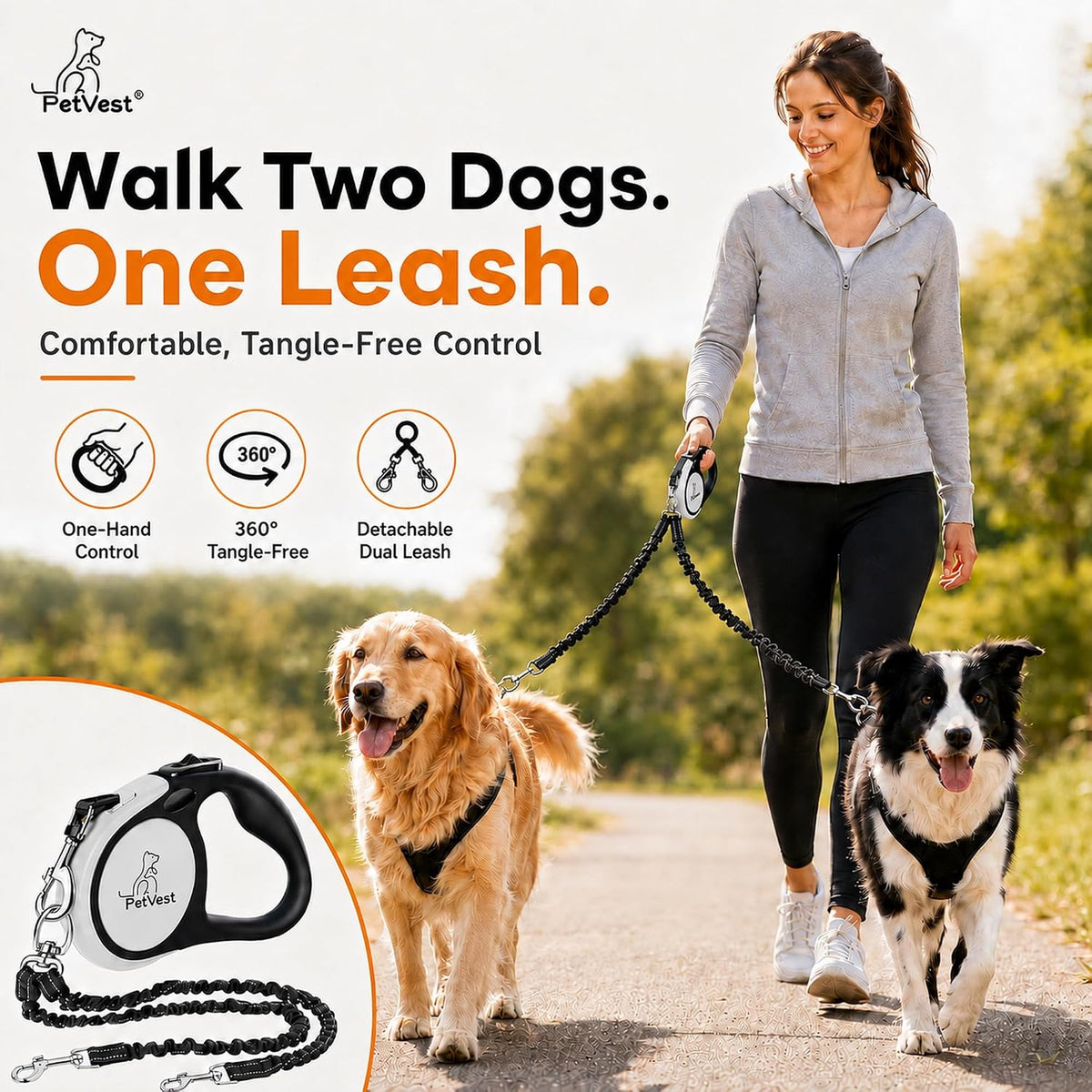 Dual Retractable Dog Leash,10 FT Tangle-Free Leash for 2 Dogs, Detachable for Single Use,One-Button Brake & Lock, Up to 44 lbs Each, 360° Swivel, Non-Slip Handle + Poop Bag Holder (Grey)