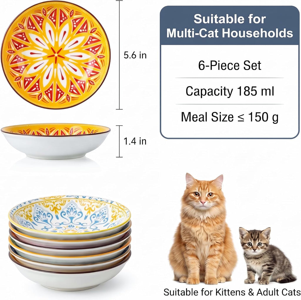 Ceramic Cat Bowls Set of 6 - Colorful Cute Shallow Cat Dishes - Great for Multi-Pet Homes - 5.6 Inch, Whisker Friendly and Wide - Microwave & Dishwasher Safe - 5.3 oz (185 ml)