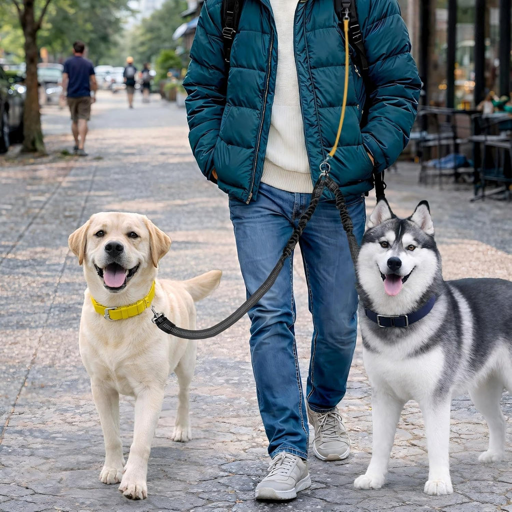 Double Dog Leash for Two Dogs, Professional No Tangle 360° Swivel Coupler with Shock Absorbing Bungee, Adjustable Length Dual-Sided Reflective Two Dogs Lead Splitter for Small Medium Large Dog