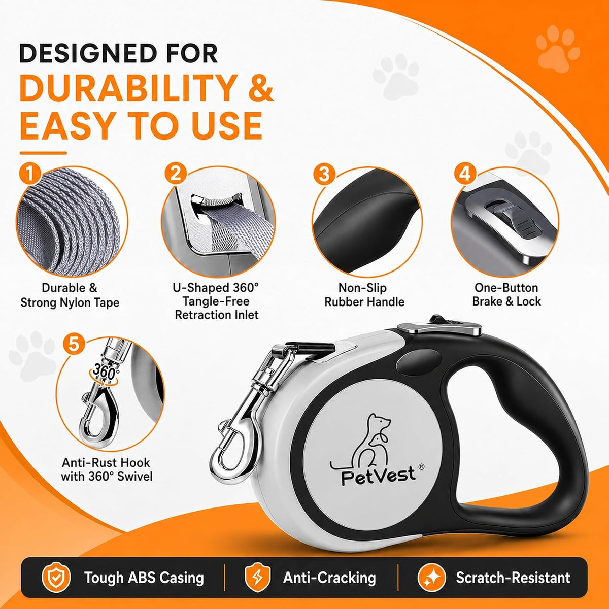 Dual Retractable Dog Leash,10 FT Tangle-Free Leash for 2 Dogs, Detachable for Single Use,One-Button Brake & Lock, Up to 44 lbs Each, 360° Swivel, Non-Slip Handle + Poop Bag Holder (Grey)