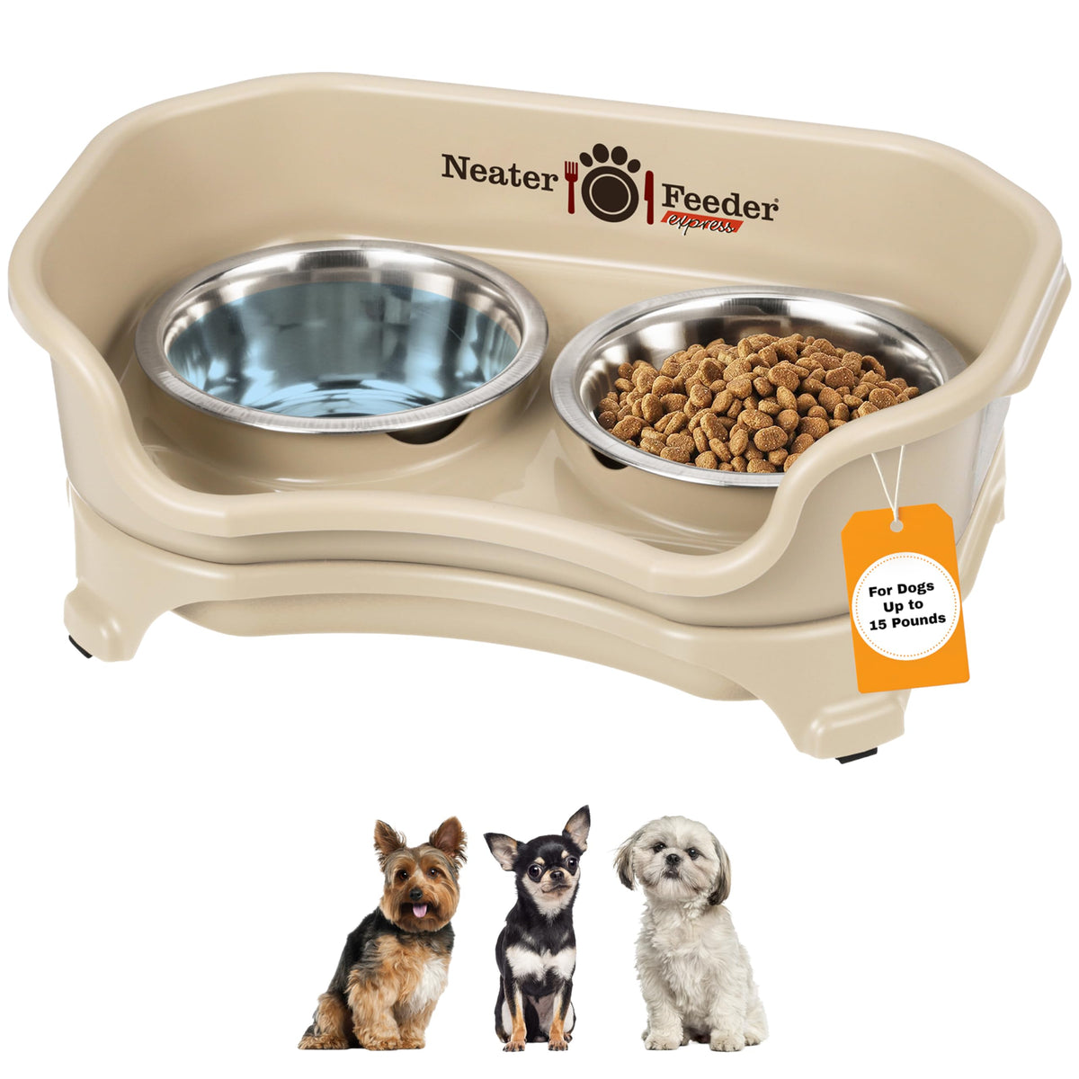 Neater Feeder Express Mess Proof Dog Bowls Elevated for Small Breeds under 15 Lb, Made in USA, No Spill Raised Dog Food Bowl Stand, Stainless Steel Food and Water Bowl Set, Feeding Station, Cappuccino