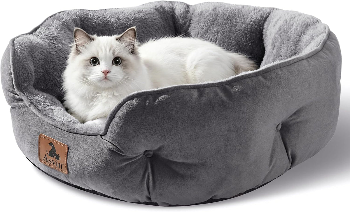 Asvin Small Dog Bed for Small Dogs, Cat Beds for Indoor Cats, Pet Bed for Puppy and Kitty, Extra Soft & Machine Washable with Anti-Slip & Water-Resistant Oxford Bottom, Grey, 20 inches