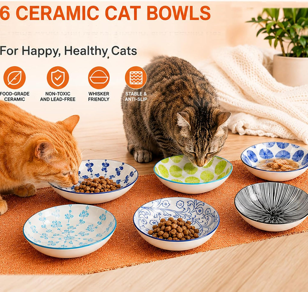 Ceramic Cat Food Bowls, 6 Pack 5.7-in Non-Slip Cat Dishes for Food, Water