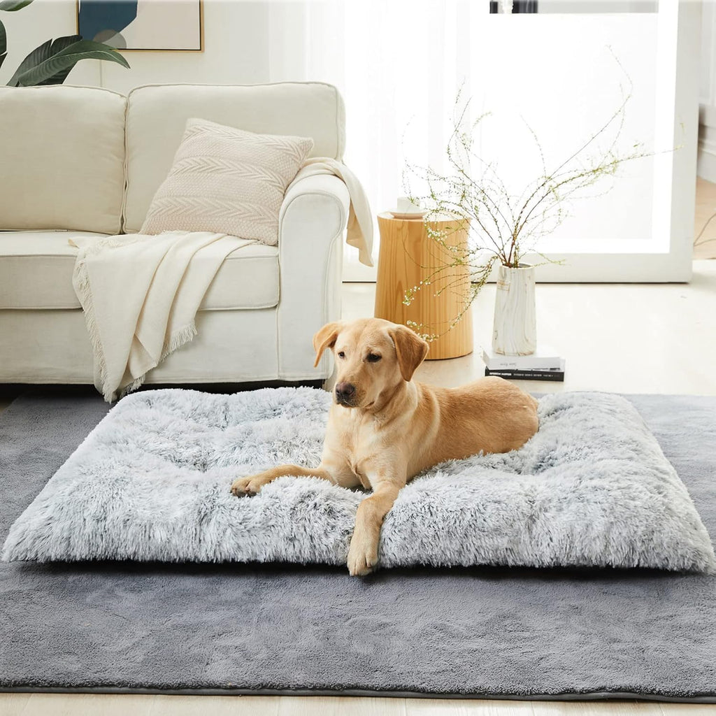 BFPETHOME Dog Beds for Large Dogs, Plush Dog Crate Bed Fluffy Cozy Kennel Pad for Sleeping &Ease Anxiety, Washable Pet Mats with Anti-Slip Bottom for Large Dogs, Grey