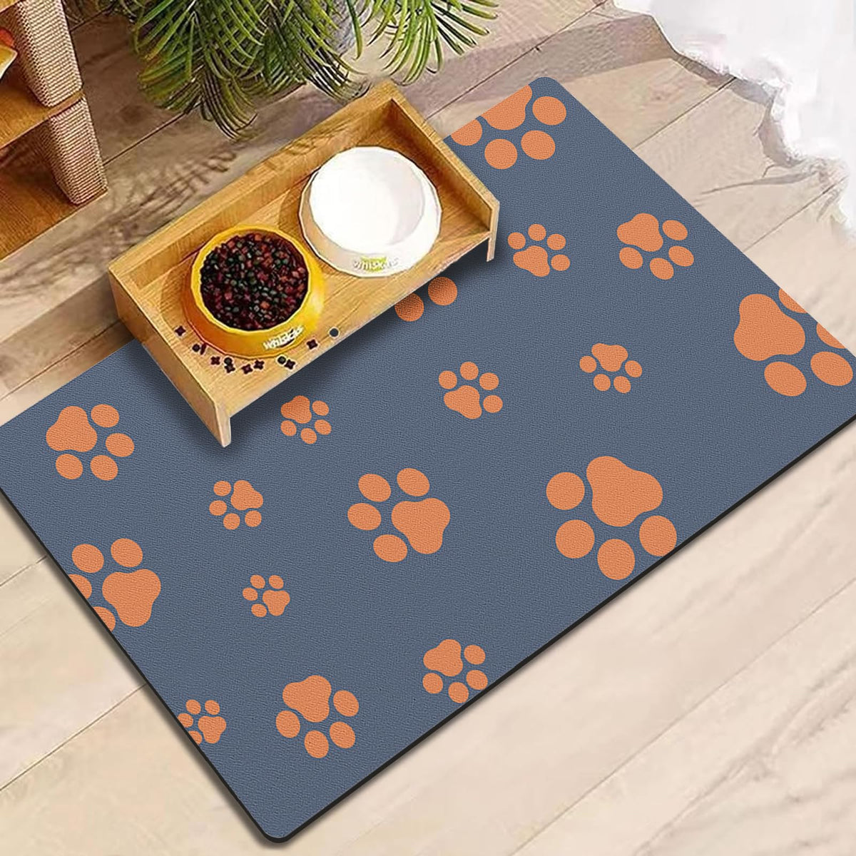 18"×30" Dog Food Mat-Absorbent Dog Mat for Food and Water, No Stains Quick Dry Cat Food Bowl Mat with Footprints for Messy Drinkers,Dark Grey