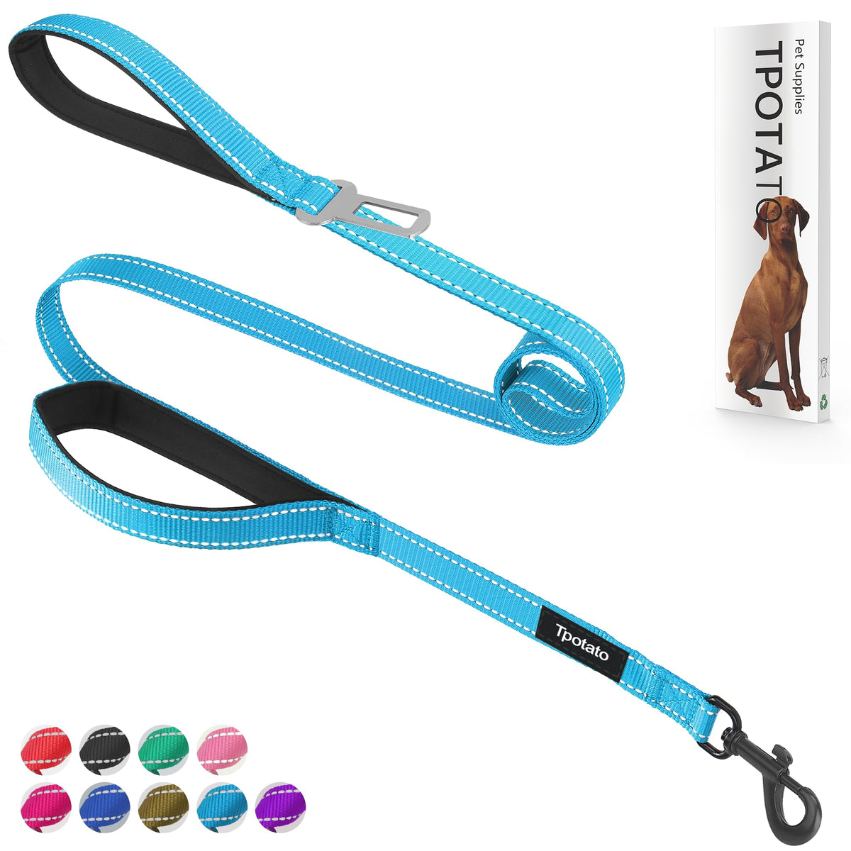 6 Foot Black Dog Leashes for Large Medium and Small Breed Dogs That Pull,Reflective Nylon Heavy Duty Dog Leash with 2 Comfortable Padded Traffic Handles and Car Seat Belt for Walking and Training