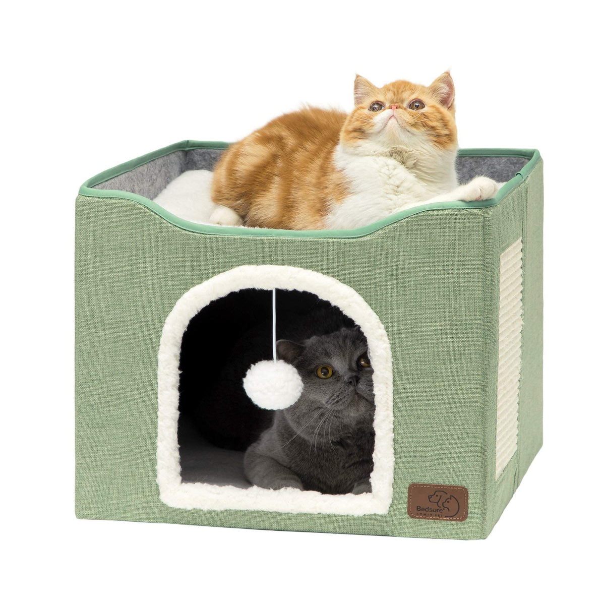 Bedsure Cat House Bed for Indoor Cats with Fluffy Ball and Scratch Pad,Grey