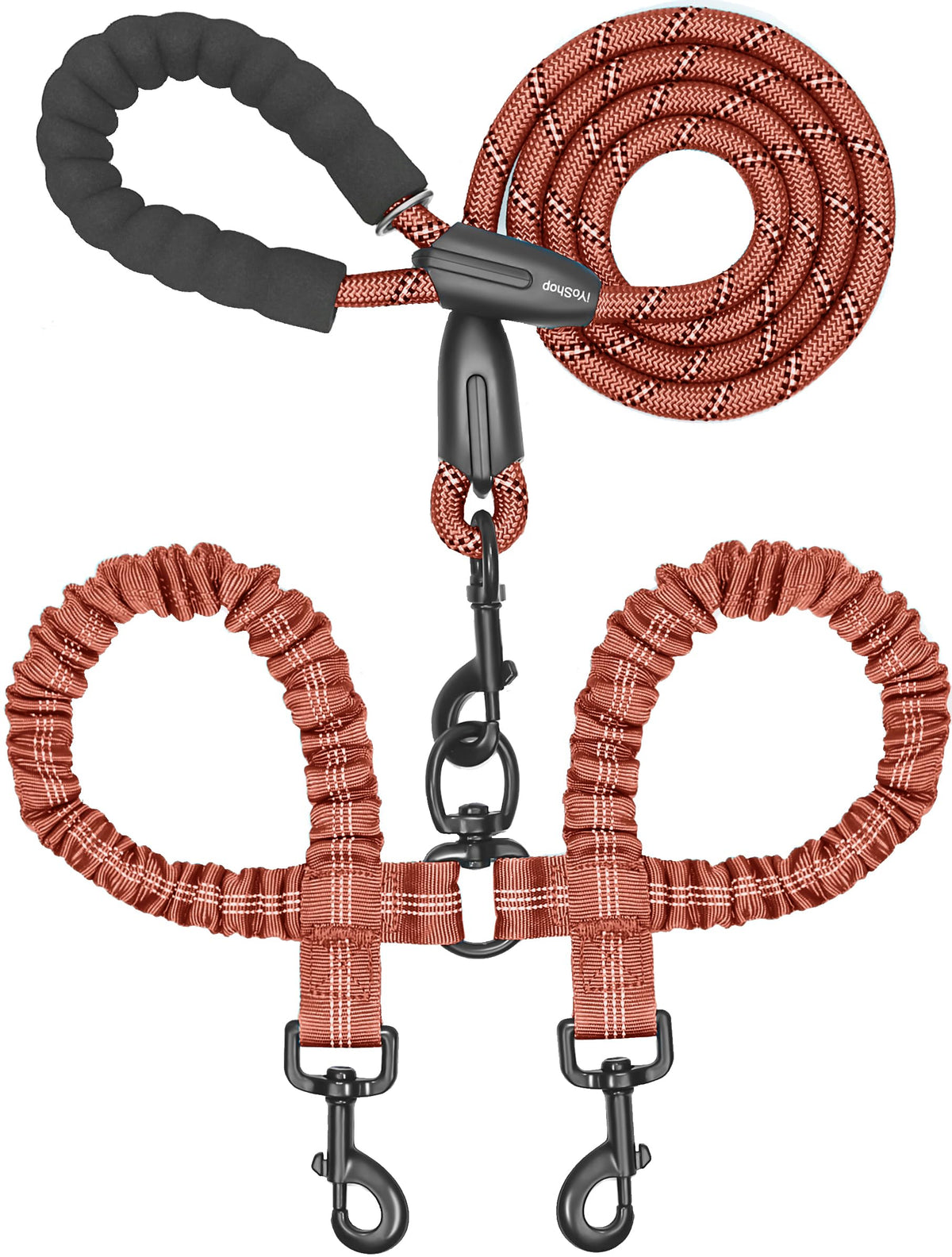 iYoShop Double Dog Leash, 360° Swivel, No Tangle, Large, 25-150 lbs, Black