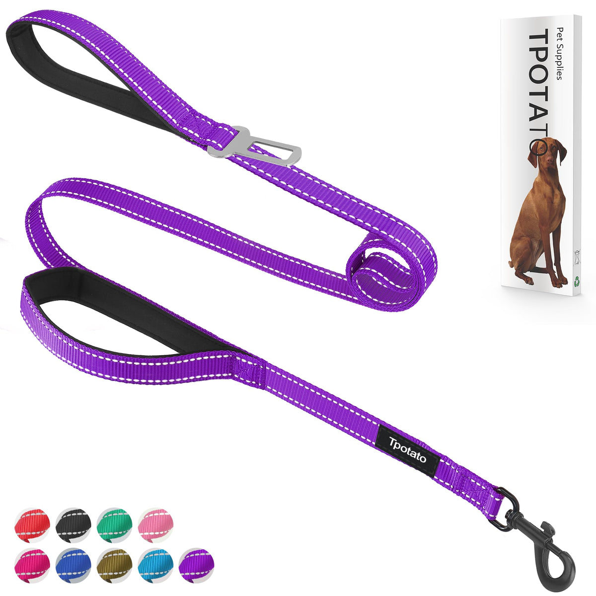 6 Foot Black Dog Leashes for Large Medium and Small Breed Dogs That Pull,Reflective Nylon Heavy Duty Dog Leash with 2 Comfortable Padded Traffic Handles and Car Seat Belt for Walking and Training
