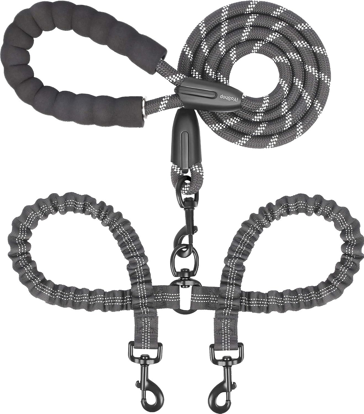 iYoShop Double Dog Leash, 360° Swivel, No Tangle, Large, 25-150 lbs, Black