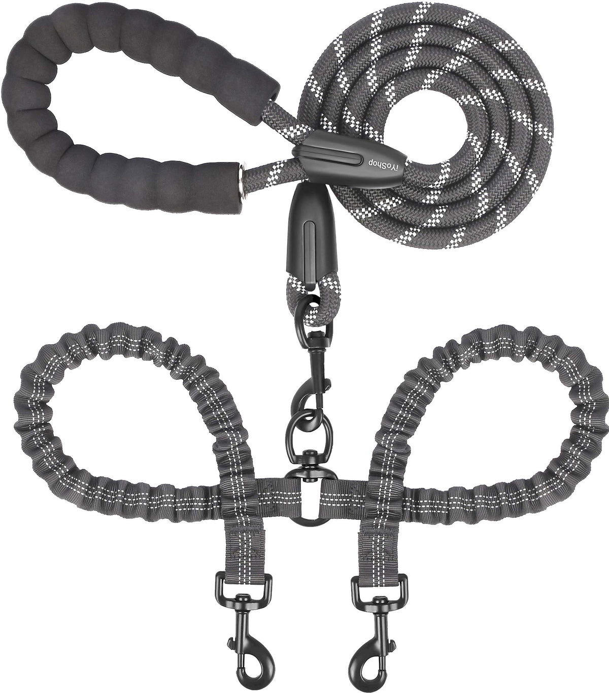 iYoShop Double Dog Leash, 360° Swivel, No Tangle, Large, 25-150 lbs, Black