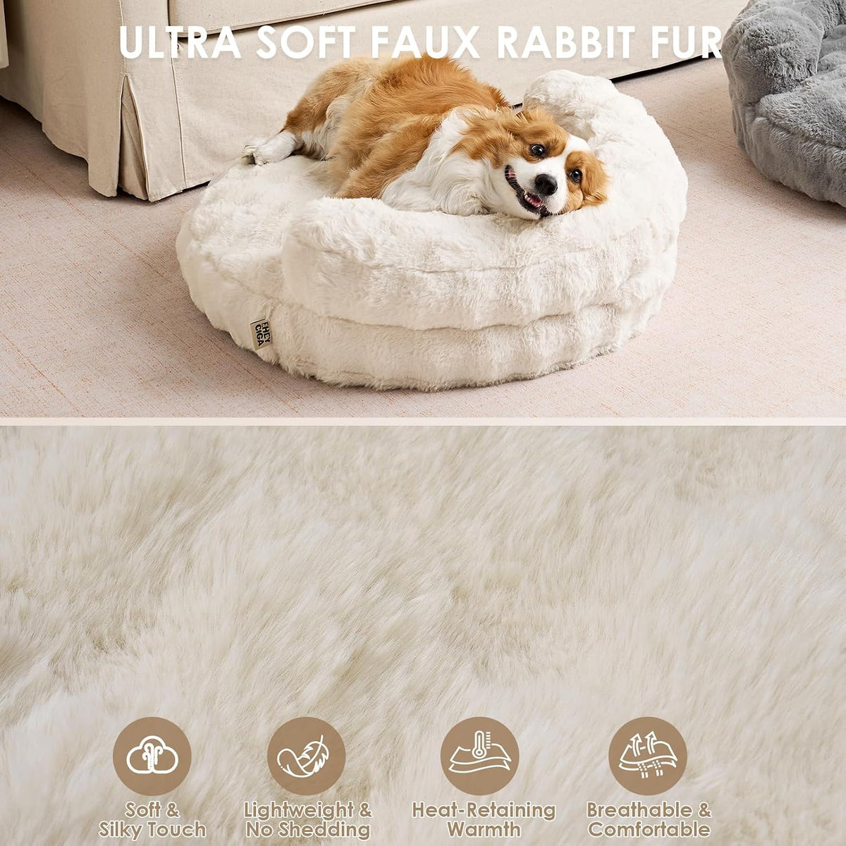EHEYCIGA Dog Bed Medium Size Dog, Fluffy Small Dog Couch with Removable Washable Cover, Bolster Pet Sofa, Waterproof and Non-Slip, 30" x 30"x 8.5", Cream