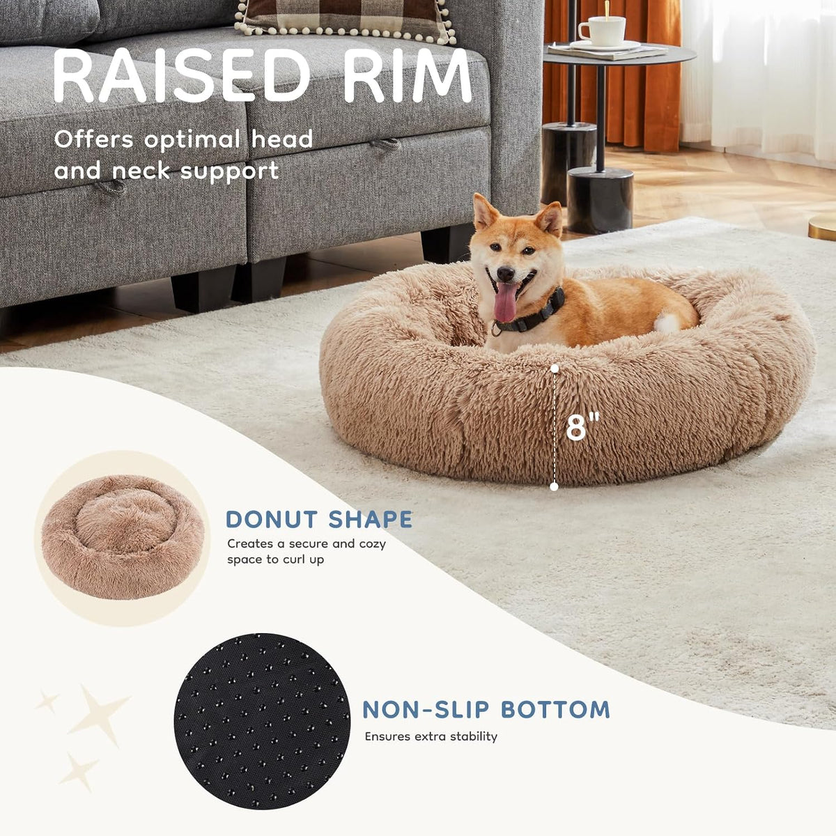 DUMOS 30.7 Inch Large Donut Dog Bed for Indoor Use, Fluffy Faux Fur Plush