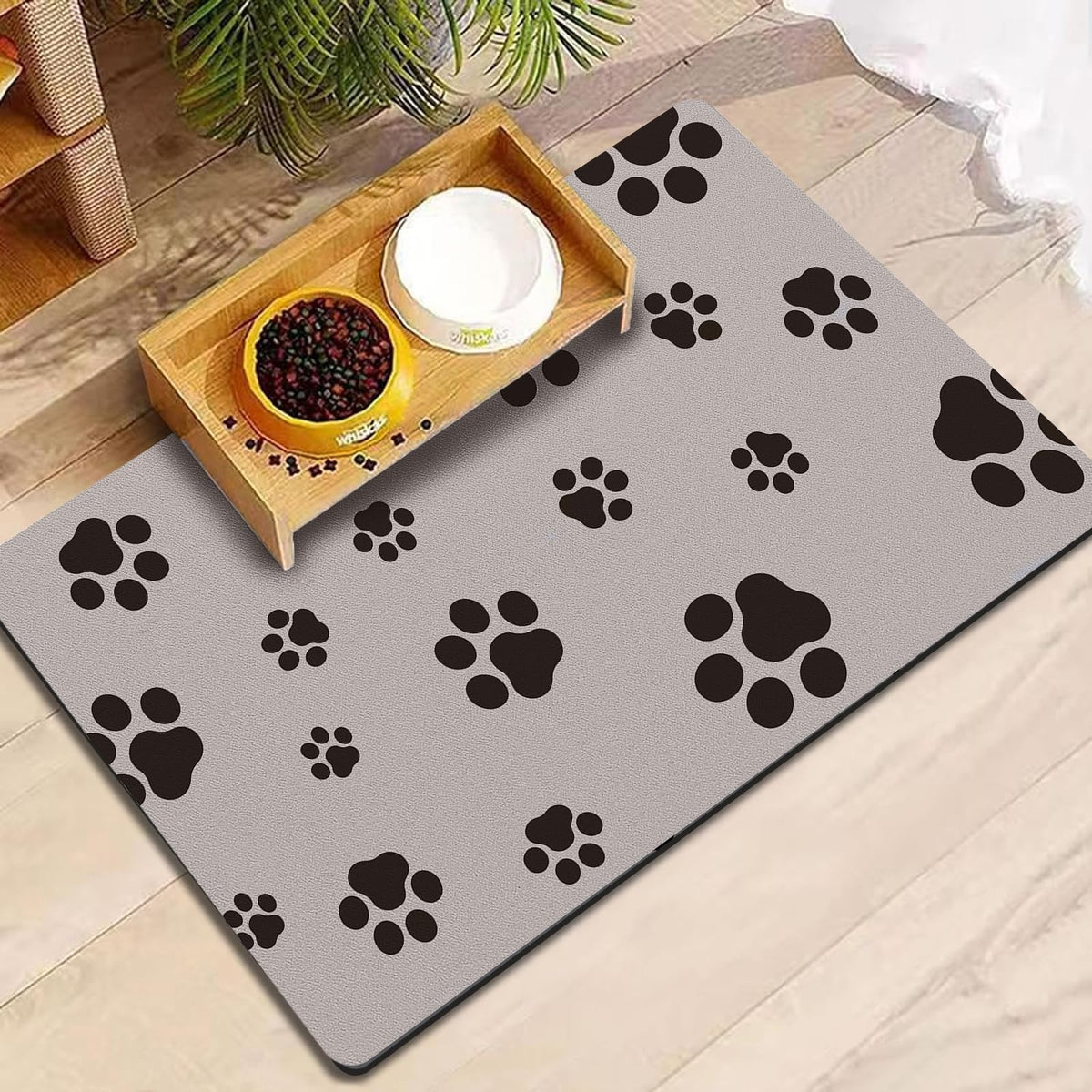 18"×30" Dog Food Mat-Absorbent Dog Mat for Food and Water, No Stains Quick Dry Cat Food Bowl Mat with Footprints for Messy Drinkers,Dark Grey