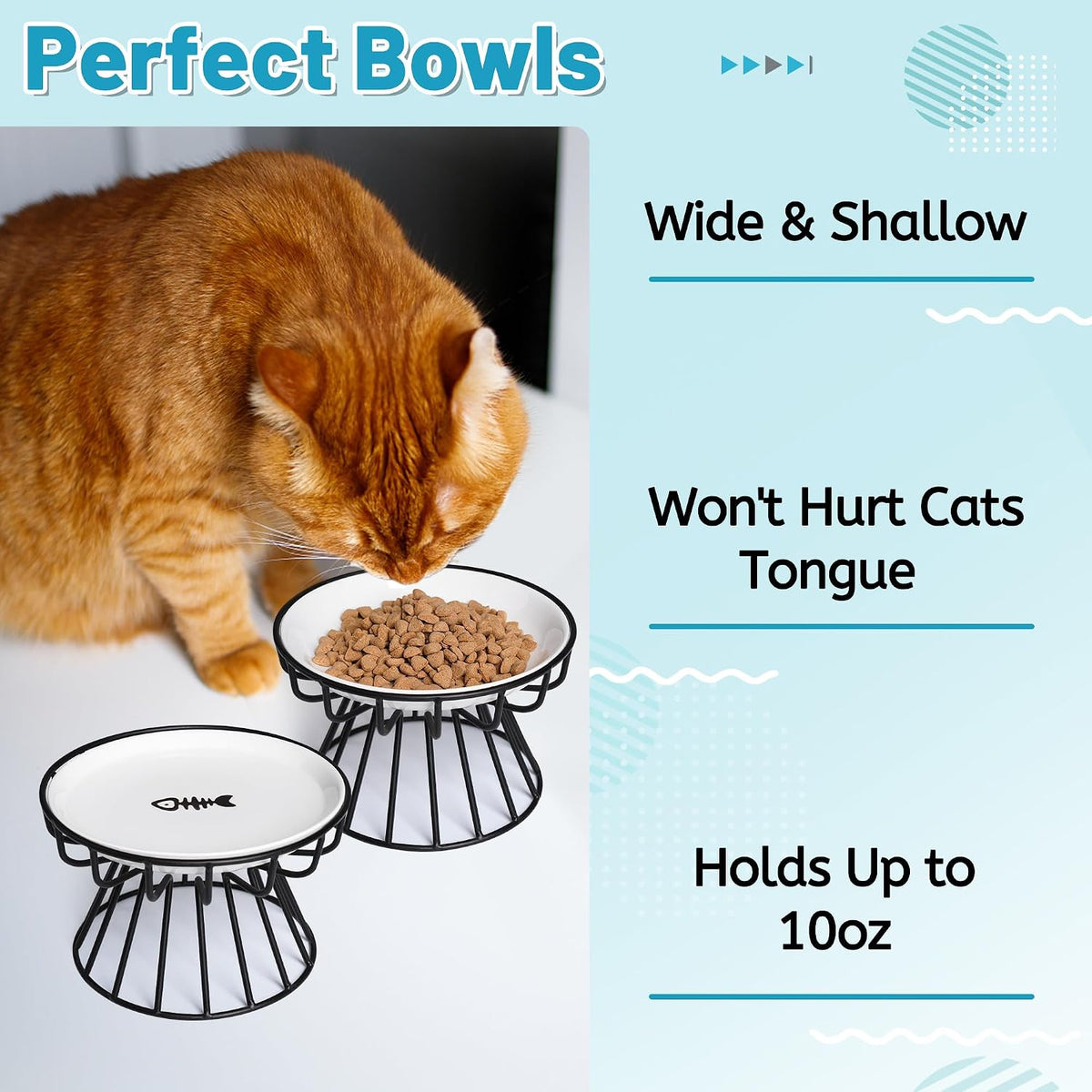 Cat Bowls, Elevated Cat Bowl, Raised Ceramic Dish with Metal Stand, Pet Water or Food Feeding Station for Indoor Cats, Kitten, Puppies and Small Dogs, Dishwasher Safe