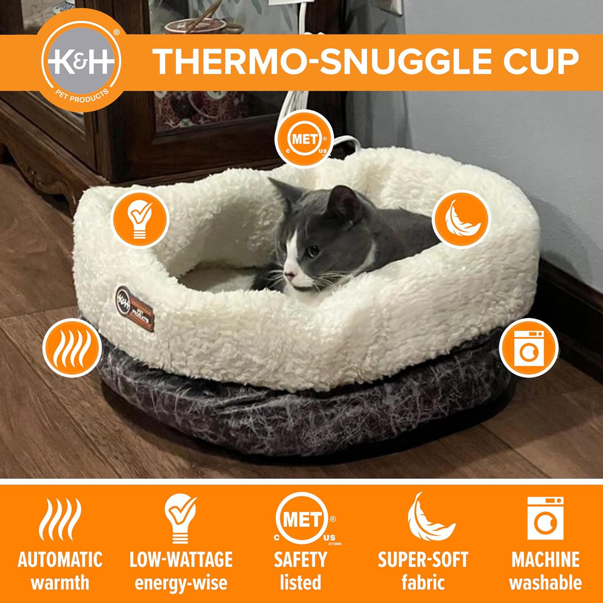 K&H Heated Cat Bed, Thermo-Snuggle Cup Bomber Indoor, Safety Listed, 18x14