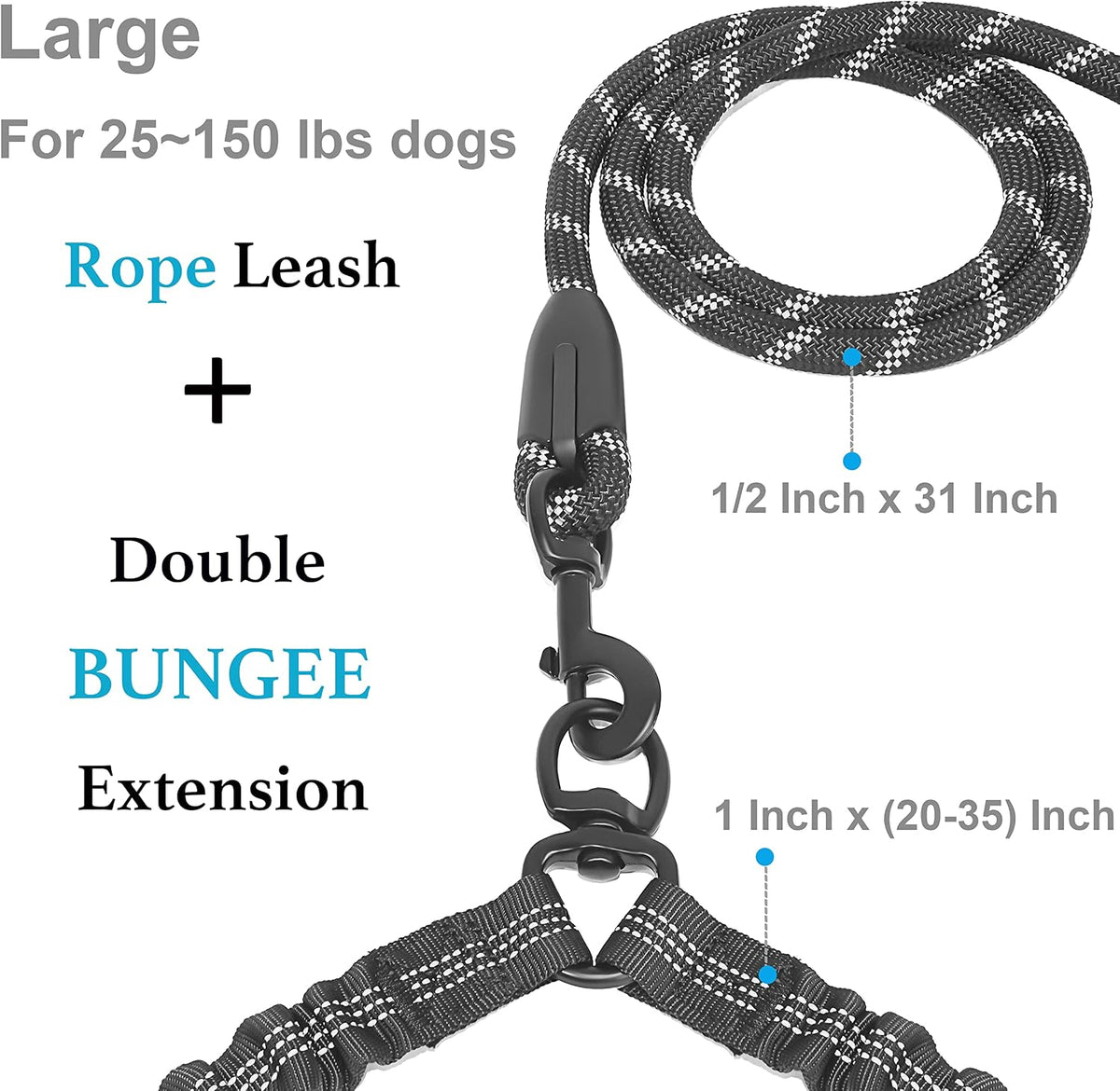 iYoShop Double Dog Leash, 360° Swivel, No Tangle, Large, 25-150 lbs, Black