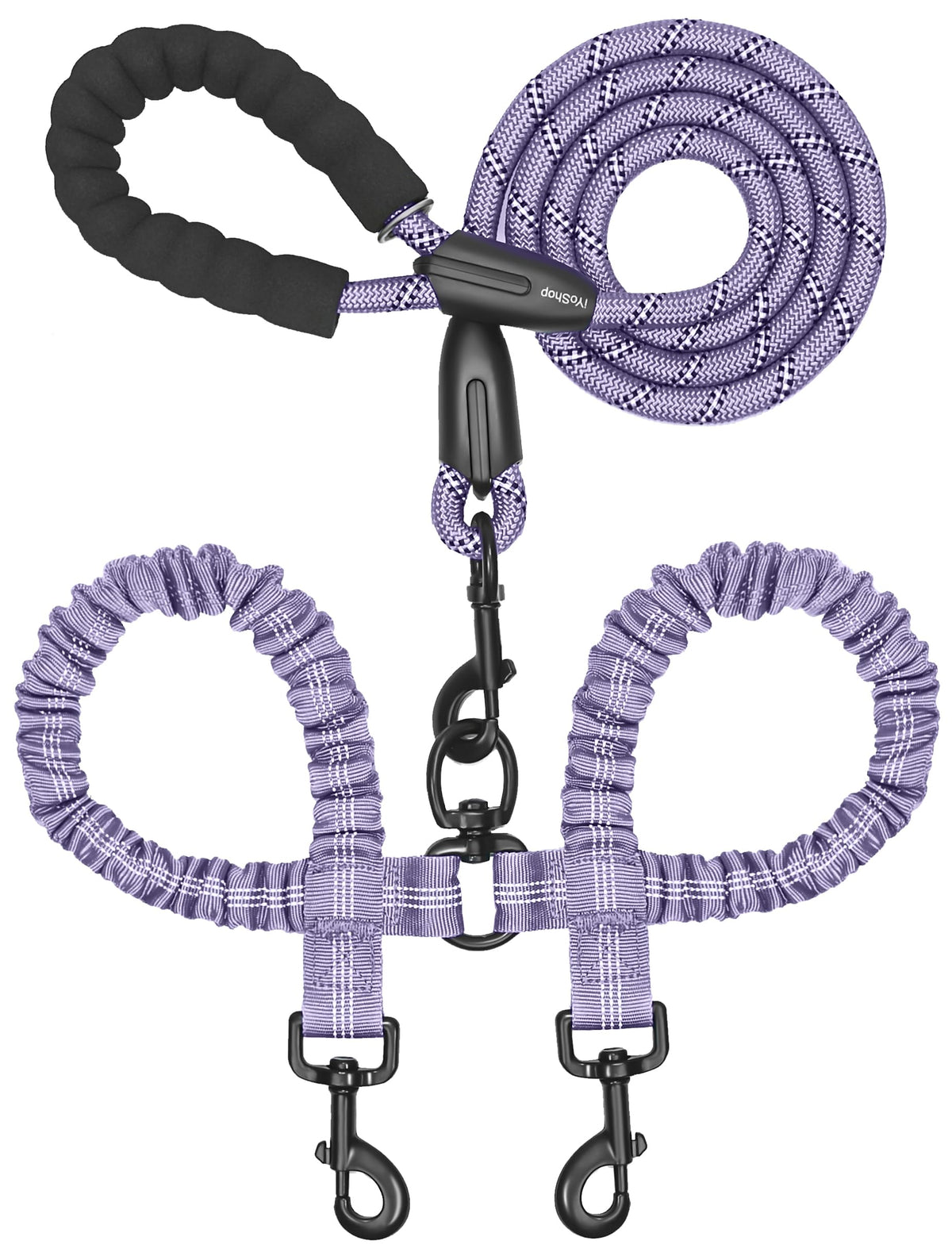iYoShop Double Dog Leash, 360° Swivel, No Tangle, Large, 25-150 lbs, Black