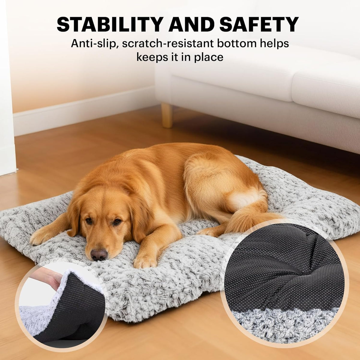 Lafyette. - US Based, Washable Faux Fur Dog Bed, Deluxe Plush Dog Crate Bed, Comfy Kennel Pad, Anti-Slip Pet Sleeping Mat, Soft Cozy Mattress for Large, Medium, Small Size Breed Dogs, 35" x 23", Grey