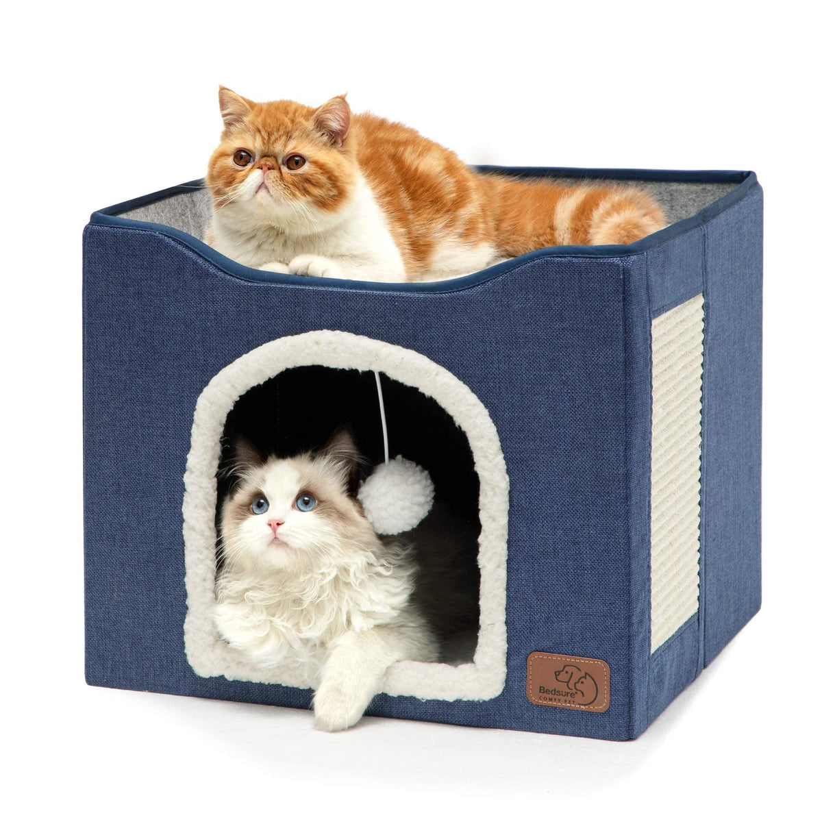Bedsure Cat House Bed for Indoor Cats with Fluffy Ball and Scratch Pad,Grey
