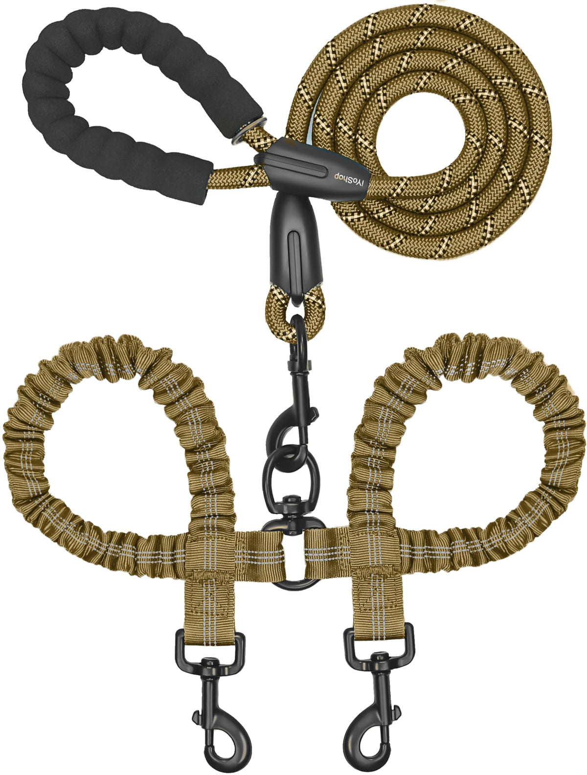 iYoShop Double Dog Leash, 360° Swivel, No Tangle, Large, 25-150 lbs, Black