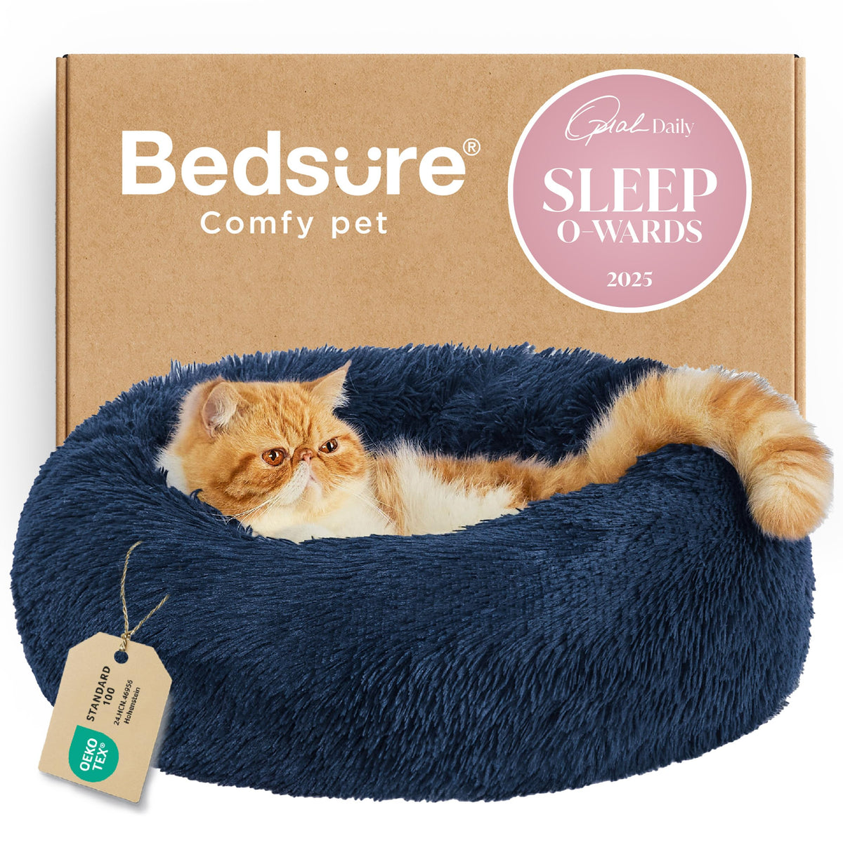 Bedsure Calming Cat Beds Donut Round Washable Kitten Bed,20 inches Camel