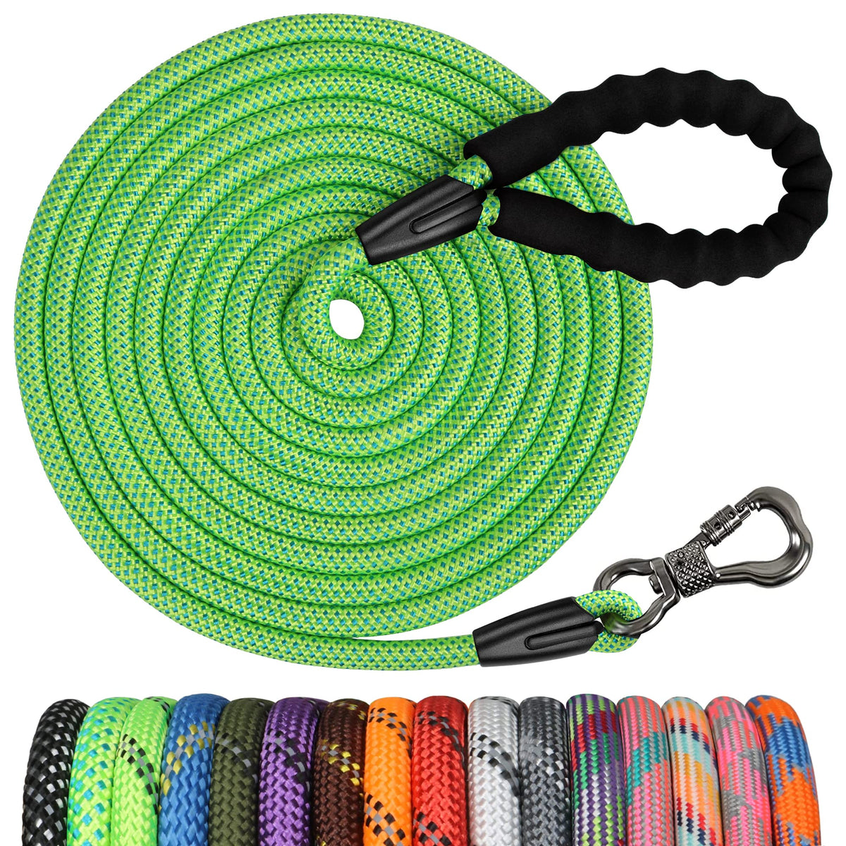 NTR Heavy Duty Dog Leash, 15FT Training Leash with Swivel Lockable Hook, Padded Handle and Highly Reflective Threads, Long Lead for Walking, Hunting, Camping, Backyard for Small Medium Large Dog