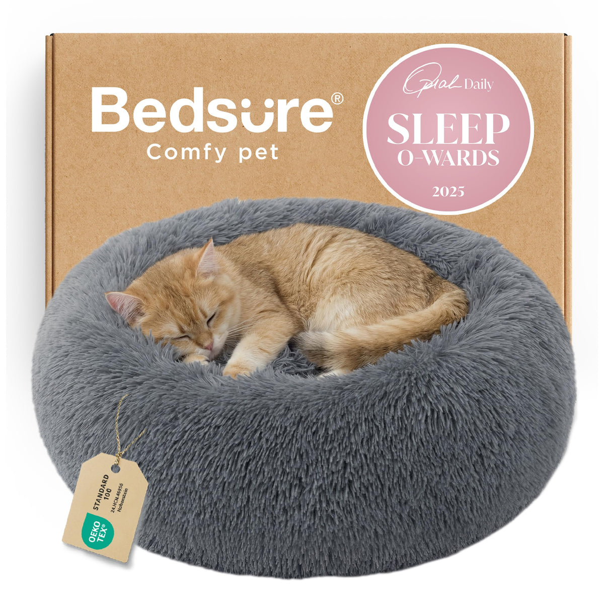 Bedsure Calming Small Dog Bed Donut Washable Cat＆Puppy Bed,23 inches Camel