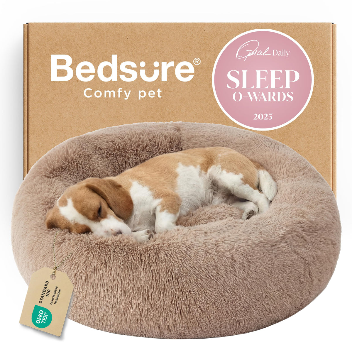 Bedsure Calming Cat Beds Donut Round Washable Kitten Bed,20 inches Camel
