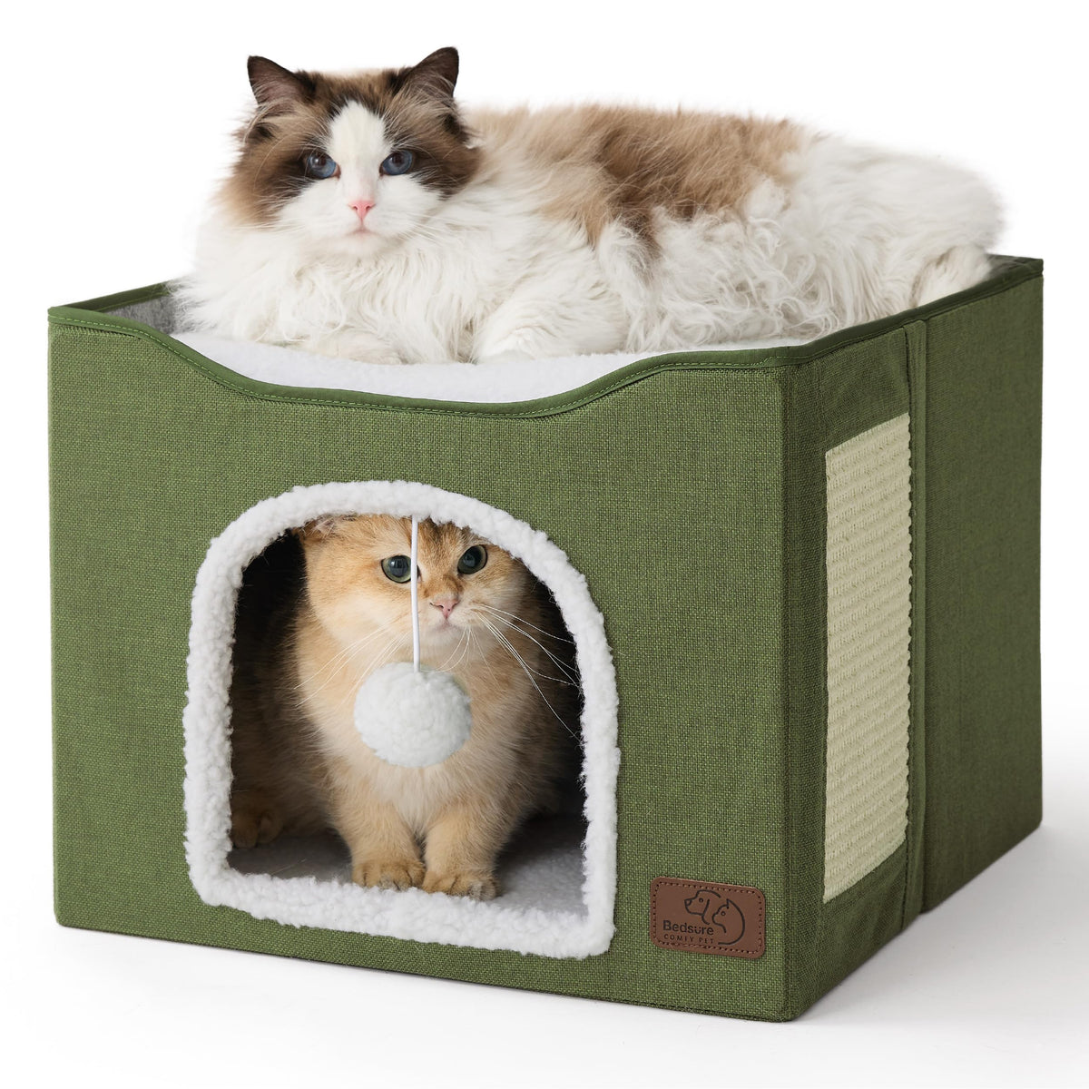 Bedsure Cat House Bed for Indoor Cats with Fluffy Ball and Scratch Pad,Grey
