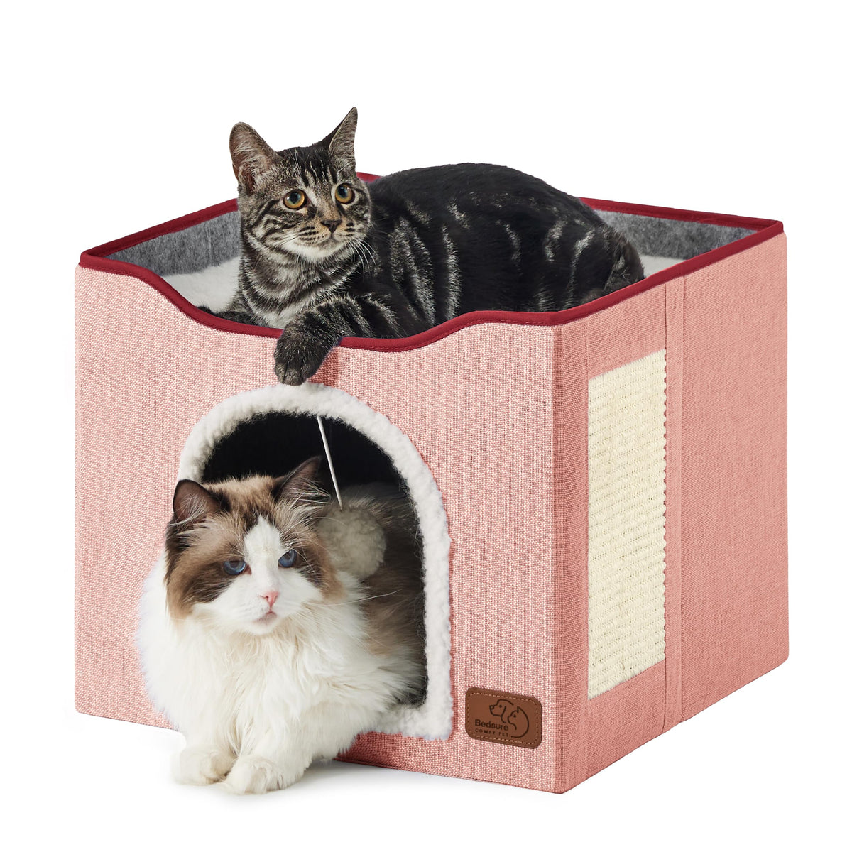 Bedsure Cat House Bed for Indoor Cats with Fluffy Ball and Scratch Pad,Grey
