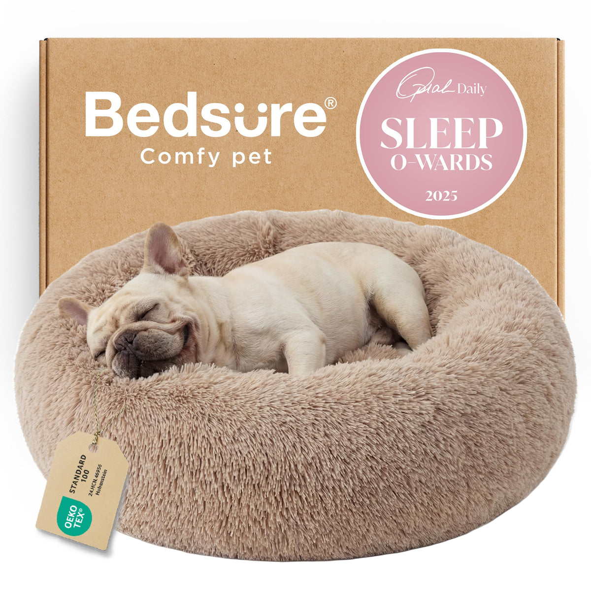 Bedsure Calming Cat Beds Donut Round Washable Kitten Bed,20 inches Camel