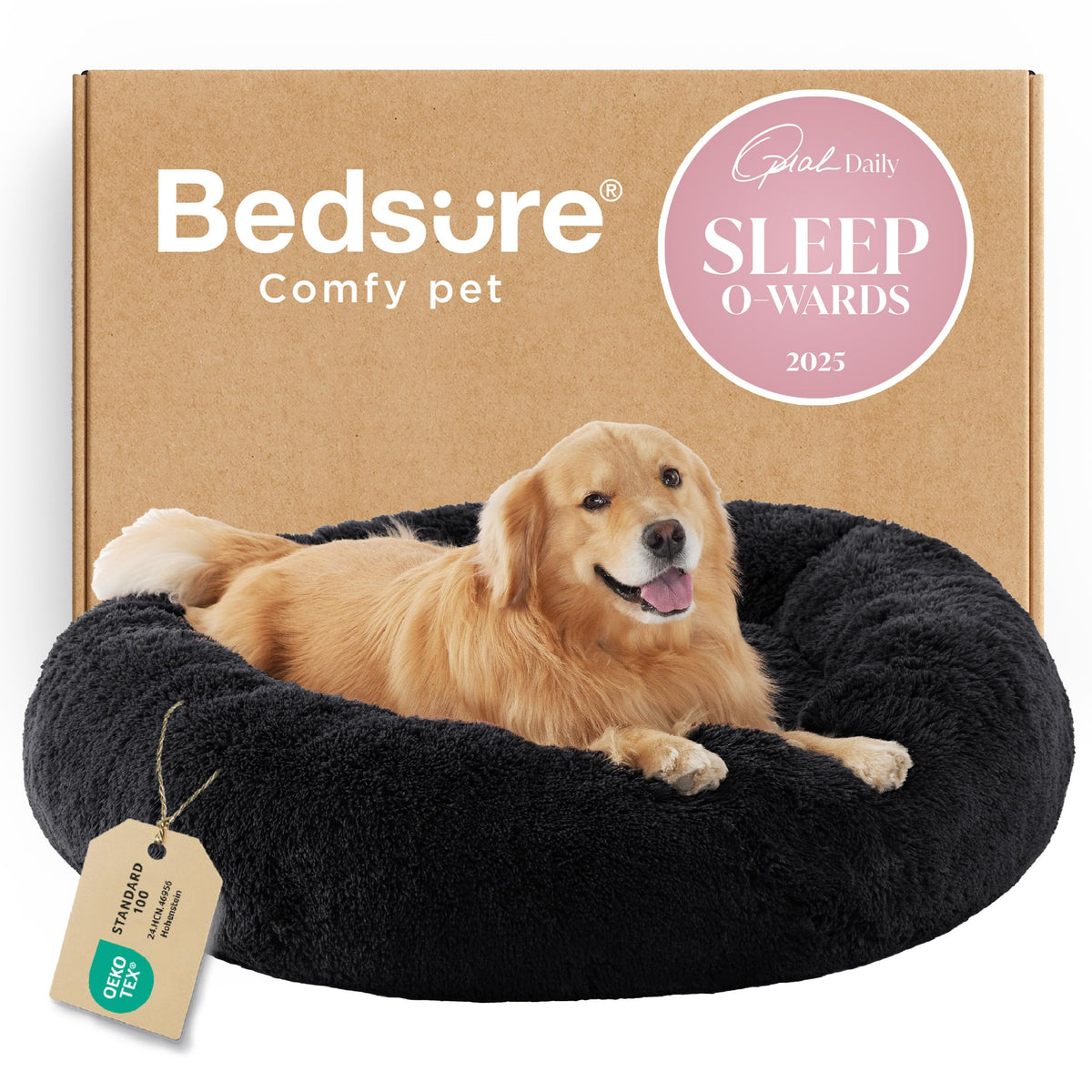 Bedsure Calming Cat Beds Donut Round Washable Kitten Bed,20 inches Camel