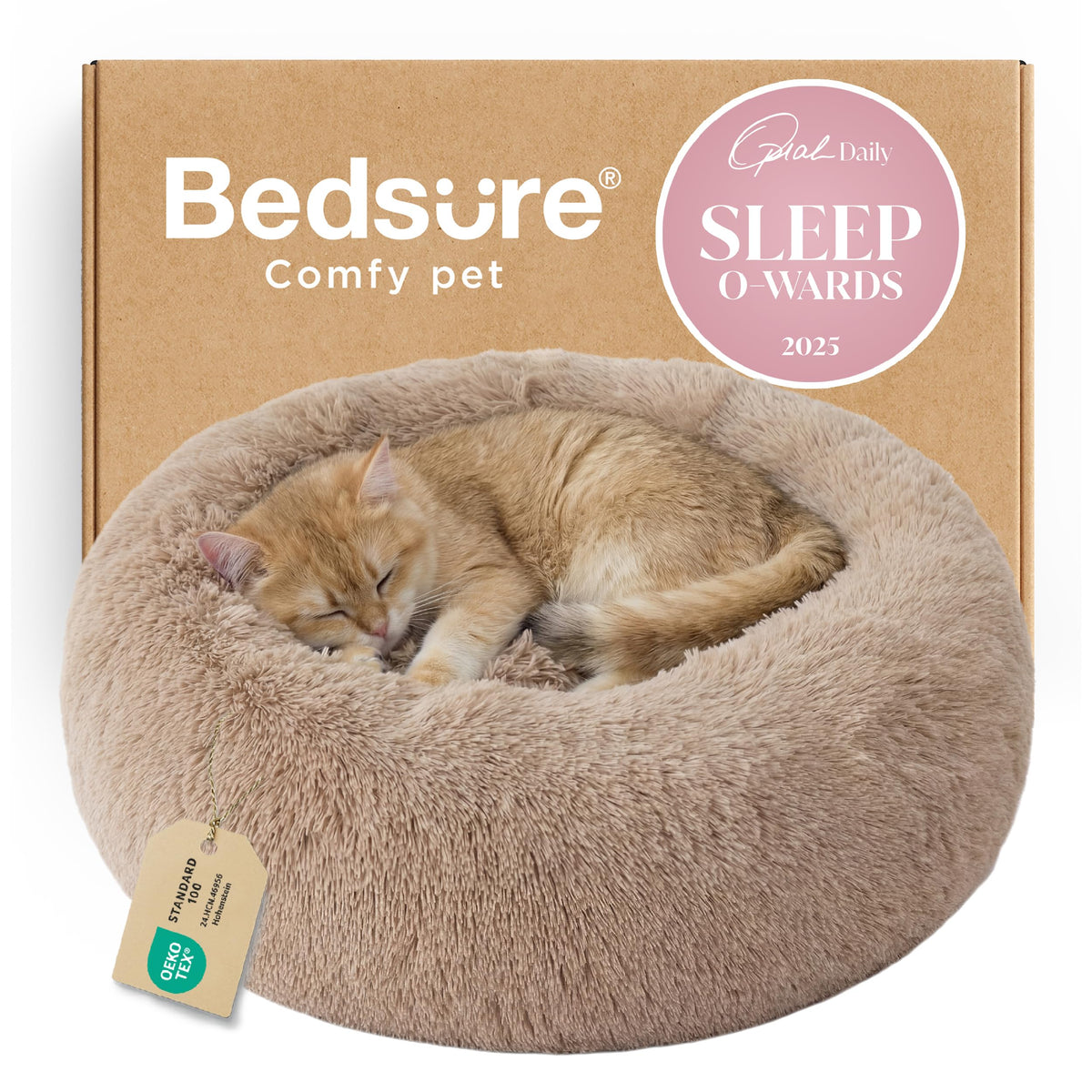 Bedsure Calming Small Dog Bed Donut Washable Cat＆Puppy Bed,23 inches Camel