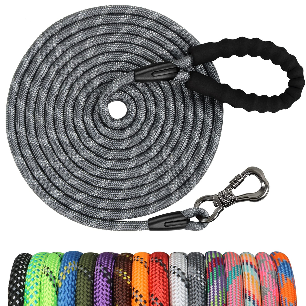 NTR Heavy Duty Dog Leash, 15FT Training Leash with Swivel Lockable Hook, Padded Handle and Highly Reflective Threads, Long Lead for Walking, Hunting, Camping, Backyard for Small Medium Large Dog