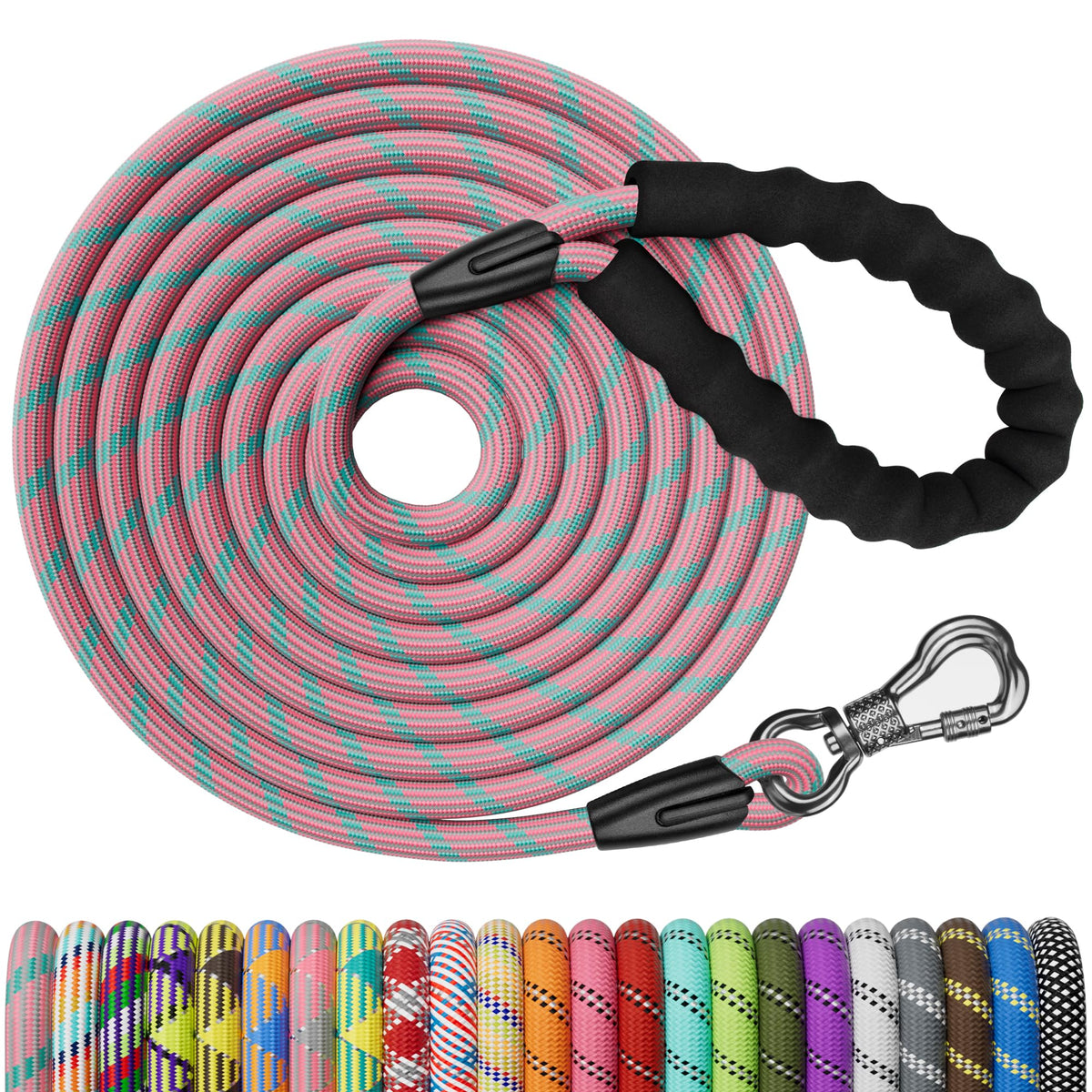 NTR Heavy Duty Dog Leash, 15FT Training Leash with Swivel Lockable Hook, Padded Handle and Highly Reflective Threads, Long Lead for Walking, Hunting, Camping, Backyard for Small Medium Large Dog