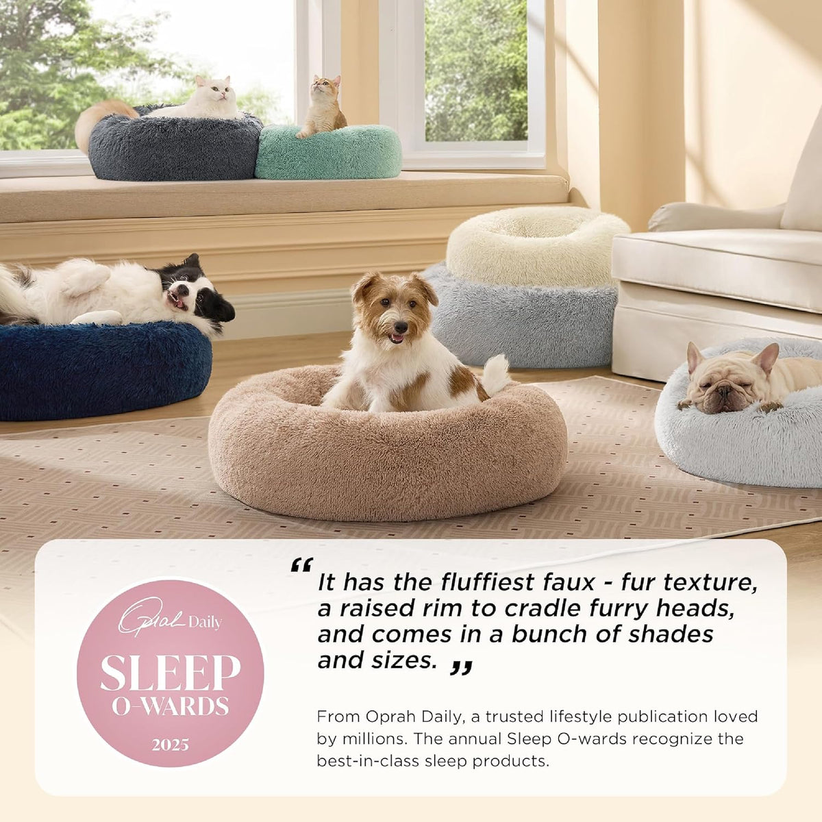 Bedsure Calming Cat Beds Donut Round Washable Kitten Bed,20 inches Camel