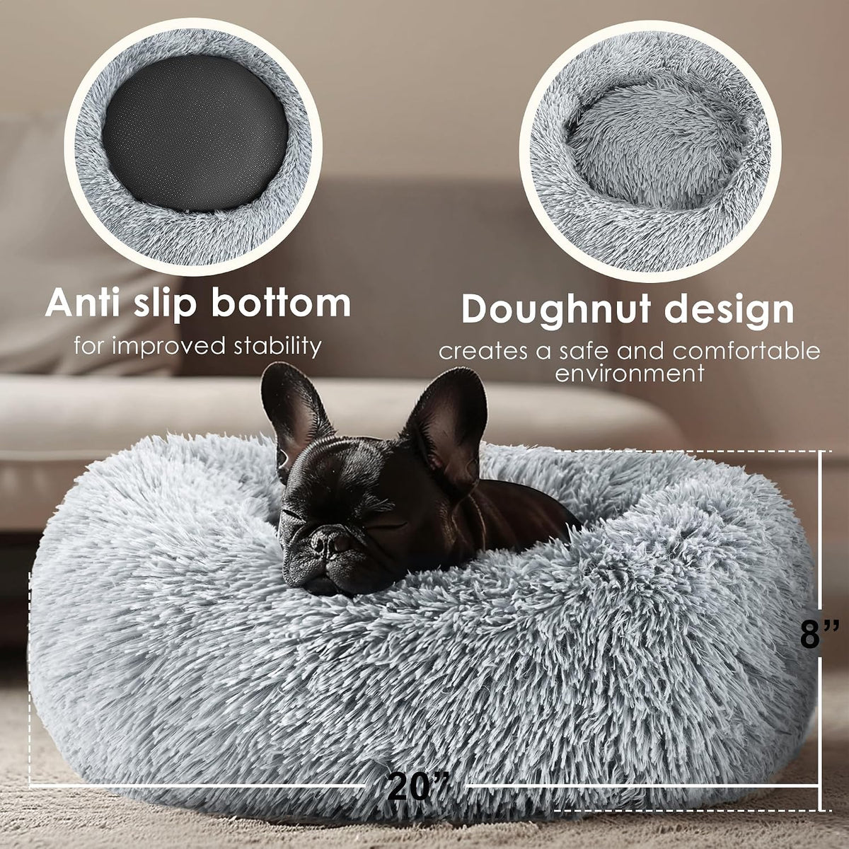 Hoewina Dog & Cat Bed for Indoor Cats, 20in Calming Donut Bed (Light Grey)