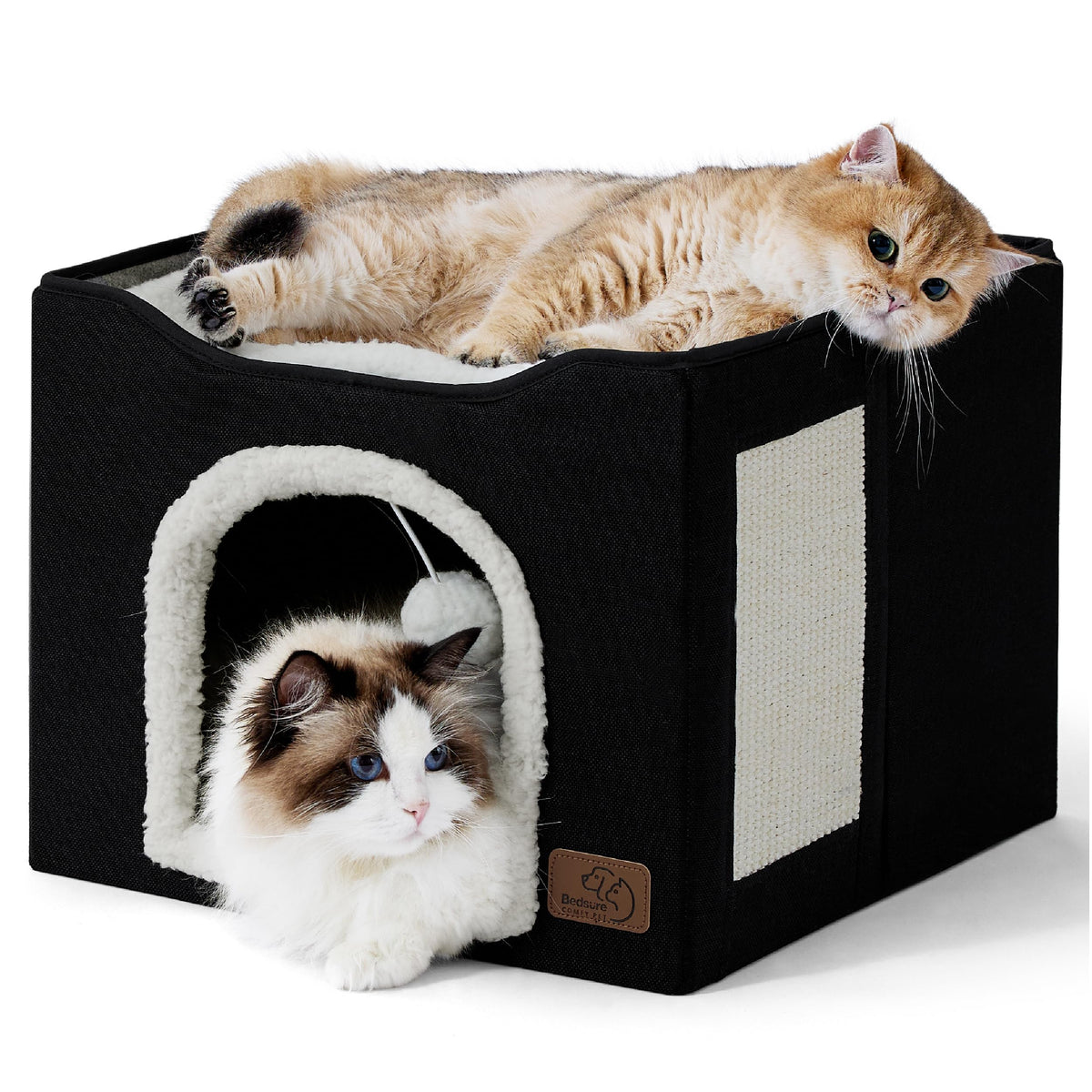Bedsure Cat House Bed for Indoor Cats with Fluffy Ball and Scratch Pad,Grey