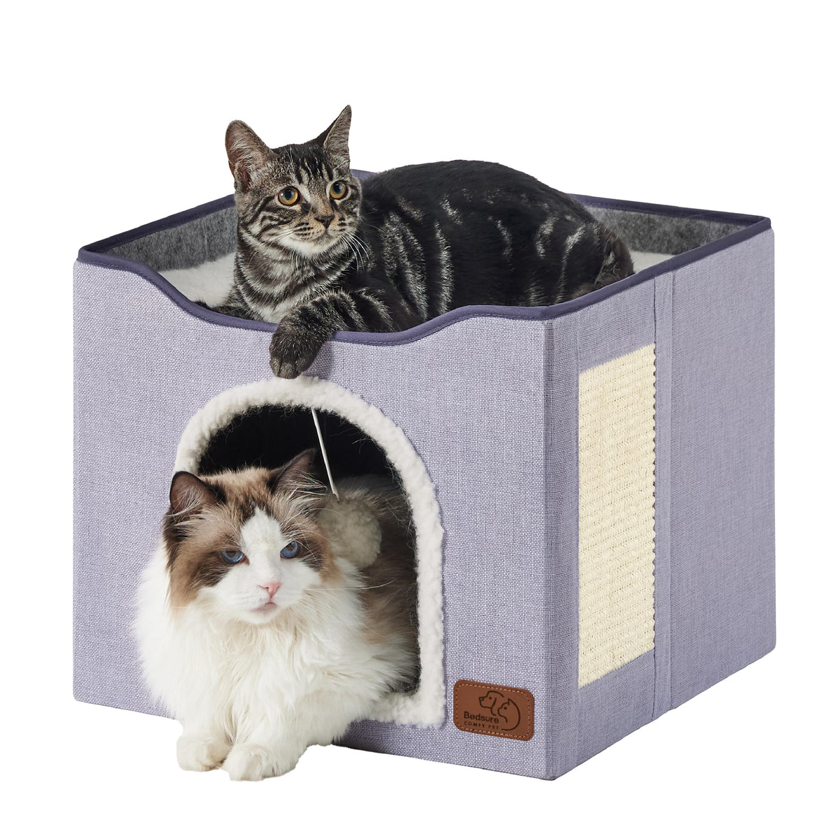 Bedsure Cat House Bed for Indoor Cats with Fluffy Ball and Scratch Pad,Grey