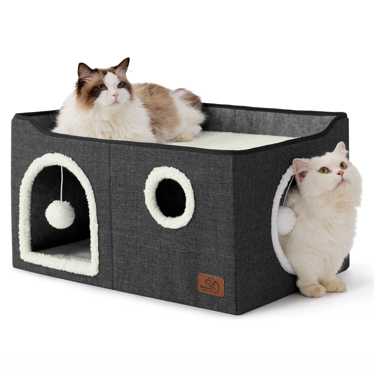 Bedsure Cat House Bed for Indoor Cats with Fluffy Ball and Scratch Pad,Grey