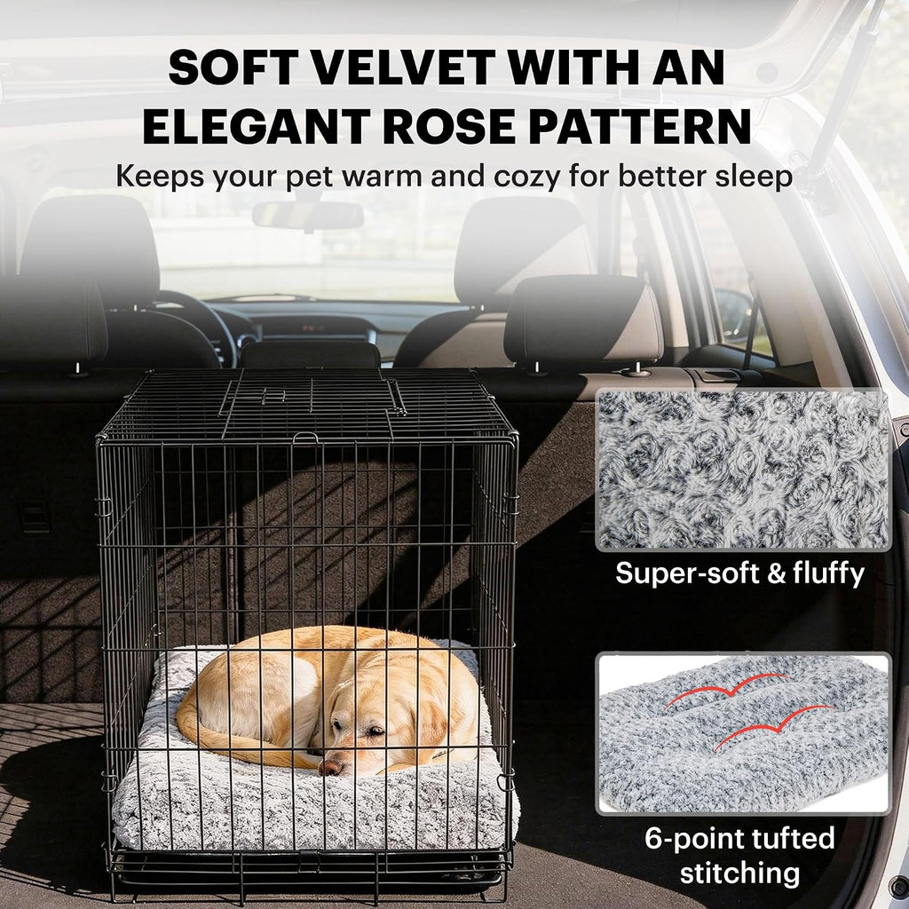 Lafyette. - US Based, Washable Faux Fur Dog Bed, Deluxe Plush Dog Crate Bed, Comfy Kennel Pad, Anti-Slip Pet Sleeping Mat, Soft Cozy Mattress for Large, Medium, Small Size Breed Dogs, 35" x 23", Grey