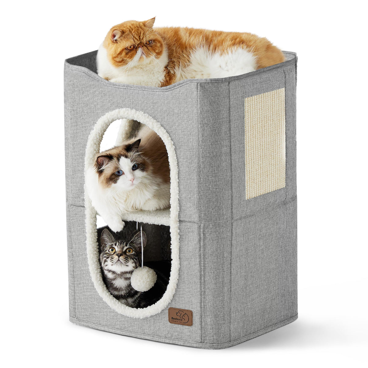 Bedsure Cat House Bed for Indoor Cats with Fluffy Ball and Scratch Pad,Grey