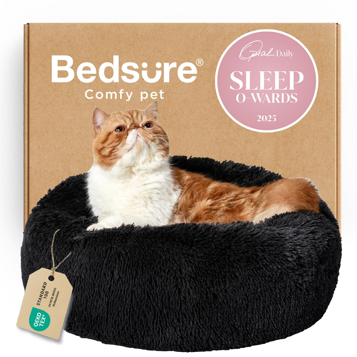 Bedsure Calming Cat Beds Donut Round Washable Kitten Bed,20 inches Camel