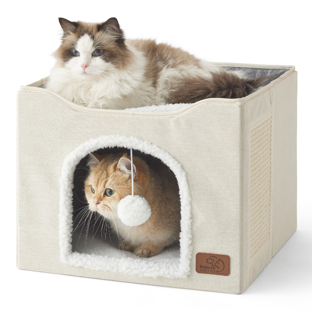Bedsure Cat House Bed for Indoor Cats with Fluffy Ball and Scratch Pad,Grey