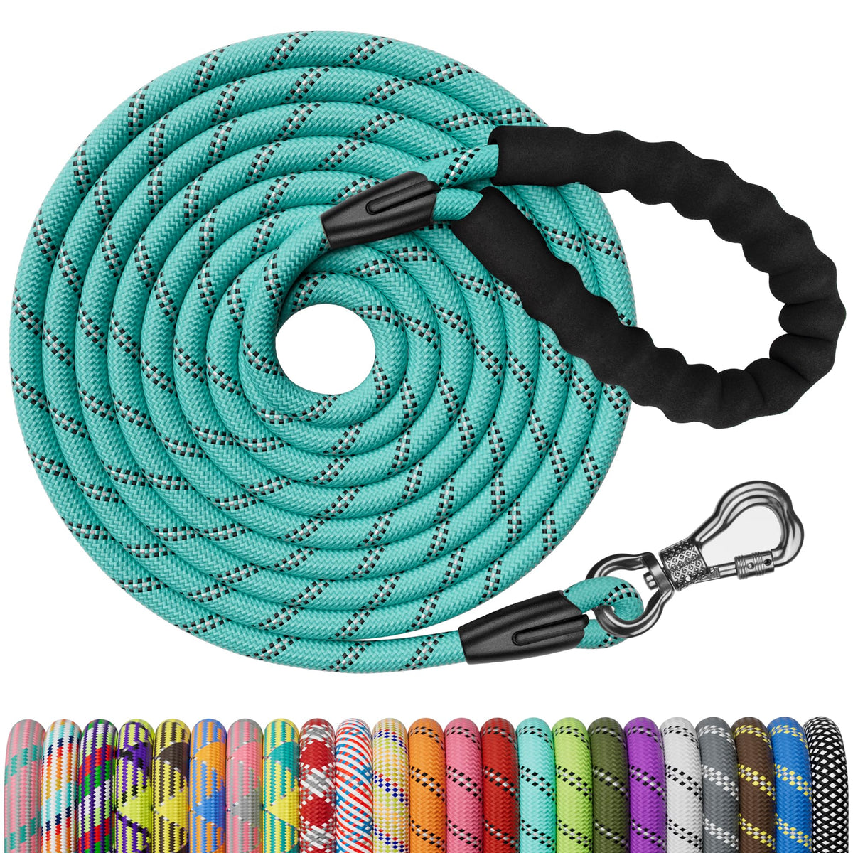 NTR Heavy Duty Dog Leash, 15FT Training Leash with Swivel Lockable Hook, Padded Handle and Highly Reflective Threads, Long Lead for Walking, Hunting, Camping, Backyard for Small Medium Large Dog